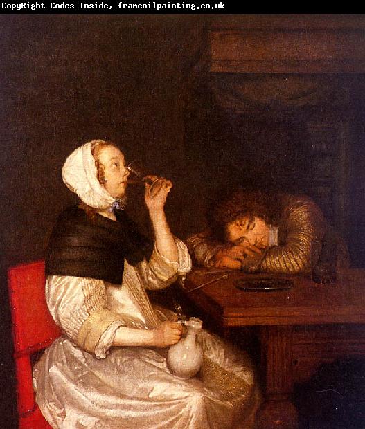 Gerard Ter Borch Woman Drinking with a Sleeping Soldier